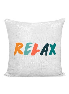 Buy Relax Meditation Quote Sequined Decorative Pillow White/Silver/Green 16x16inch in UAE