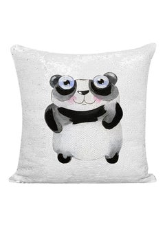 Buy Panda Cartoon Sequined Pillow polyester White/Silver/Black 16x16inch in UAE