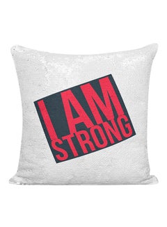 Buy I Am Strong Sequined Pillow White/Silver/Red 16x16inch in UAE