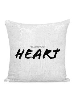 Buy Follow Your Heart Printed Sequined Pillow Polyester White/Black 16x16inch in UAE