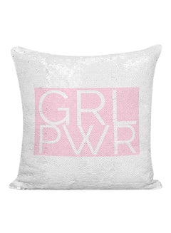 Buy Girl Power Printed Sequined Pillow White/Pink 16x16inch in UAE