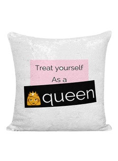 اشتري وسادة زينة مطرزة بالترتر مطبوعة بعبارة مقتبسة "Treat Yourself As a Queen" بوليستر أبيض\فضي\أسود 16x16 بوصة في الامارات