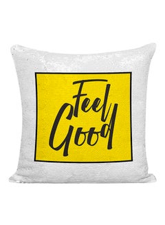 Buy Feel Good Sequined Pillow Yellow/Silver/White 16x16inch in UAE