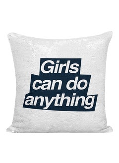 Buy Girls Can Do Anything Sequined Pillow White/Black/Silver 16x16inch in UAE