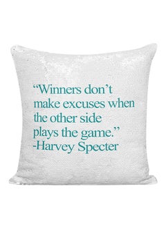 Buy Harvey Specter Quote Sequined Decorative Pillow White/Silver/Blue 16x16inch in UAE