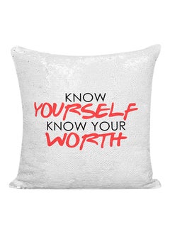 Buy Know Your Self Know Your Worth Printed Sequined Pillow White/Red/Black 16x16inch in UAE