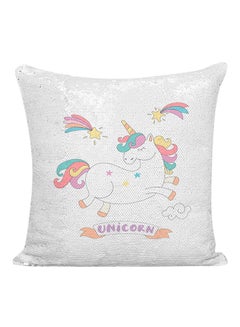 Buy Unicorn Printed Sequined Pillow White/Pink/Green 16x16inch in UAE