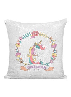 Buy Unicorn Printed Sequined Pillow White/Pink/Green 16x16inch in UAE