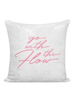 Buy Go With The Flow Printed Sequined Pillow White/Pink 16x16inch in UAE