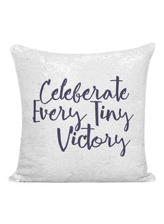 اشتري وسادة مطرزة مطبوع عليها عبارة "Celebrate Every Tiny Victory" المُلهِمة أبيض/فضي/أزرق 16x16 بوصة في الامارات