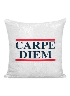 Buy Carpediem Printed Sequined Decorative Pillow White/Silver/Blue 16x16inch in UAE