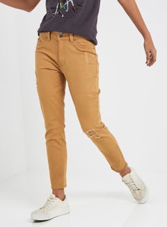 Buy Solid Double Button Pants Tan in Saudi Arabia