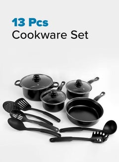 Buy 13-Piece Non- Stick Multi Layer Granite Coating Material Kitchen Cookware Set Includes Fry Pan (22cm), Casserole( 22cm), Casserole Lid, Sauce Pan (18cm), Sauce Pan Lid, Sauce Pan (16cm), Pasta Scooper, Soup Ladle, Skimmer, Turner, Ladle, Slotted Spoon Black/Clear in Saudi Arabia