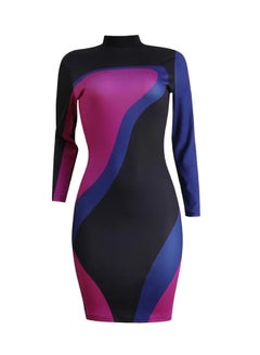 Buy Sequin Color Block Contrast High Neck Bodycon Mini Dress Black/Purple/Navy in UAE