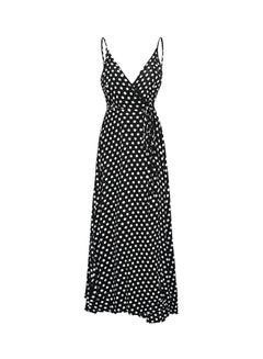 Buy Dot Printed High Split Spaghetti Strap Deep V Neck Maxi Dress Black/White in UAE