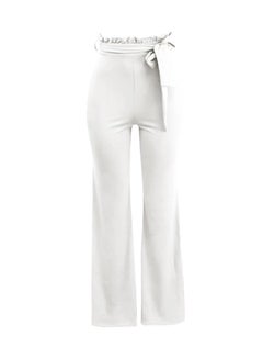 Buy Solid Wide Leg Ruffle Belt Zip Bodycon Slim Trousers White in UAE