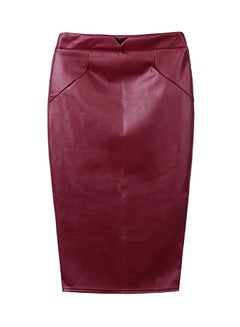 Buy Solid PU Leather Midi Pencil Skirt Burgundy in Saudi Arabia