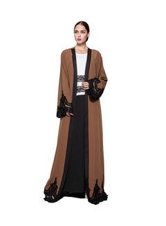 Buy Spliced Crochet Lace Long Wide Sleeve Abaya Brown in UAE