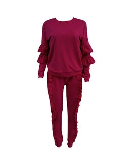 Buy 2-Piece Solid Ruffled Top With Drawstring Long Pants Set Burgundy in UAE