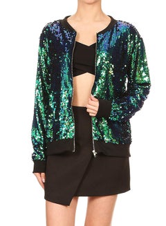 اشتري Long Sleeve Zipper Glitter Coat Green في الامارات