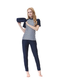 Buy 3-Piece Stripe Pattern Burkini Set Navy Blue/White in Saudi Arabia