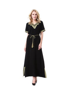 Buy V-Neck Short Sleeve Wool Peach Dress Black/Green in UAE