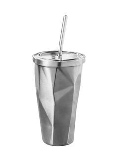 Buy Diamond Design Stainless Steel Double Wall Tumbler With Straw And Lid Silver 10.2x10.2x18centimeter in UAE