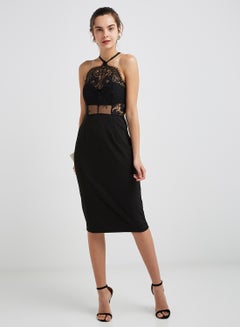 Buy Zere Souq Halter Contrast Lace Sheath Dress Black in UAE
