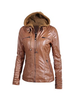 Buy Solid Pattern Hooded Neck Jacket Brown in UAE