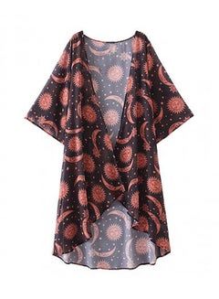 Buy Kimono Print Asymmetric Hem Loose Bikini Cover Up Red in UAE