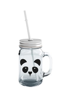 Buy Glass Panda Face Mason Jar With Straws Clear 15centimeter in UAE