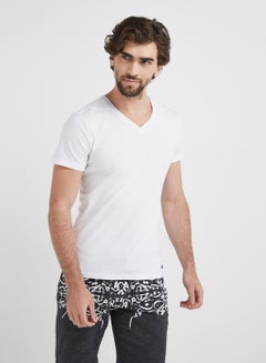 Buy Basic Short Sleeve V-Neck T-Shirt With Logo 401 White in UAE