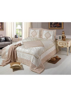 Buy 3-Piece Bedspread With Coverlet Velvet Beige/White King in UAE