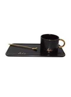 Buy Ceramic Cup And Saucer Set With Spoon Black/Gold 25x13x8cm in UAE