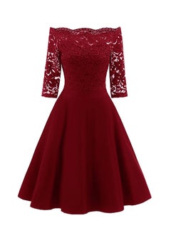 Buy Lace Detailed Solid Pattern Retro Dress Red in Saudi Arabia
