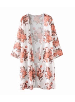 Buy Floral Print Three Quarter Sleeve Kimono White in Saudi Arabia