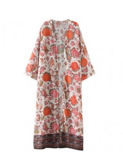 Buy Floral Print Long Sleeve Cover Up Beach Dress Orange in Saudi Arabia