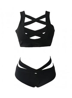 Buy 2-Piece V-Neck High Waist Bandage Bikini Set Black in Saudi Arabia