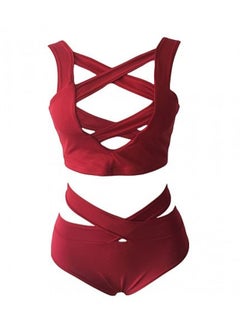Buy 2-Piece V-Neck High Waist Bandage Bikini Set Burgundy in Saudi Arabia