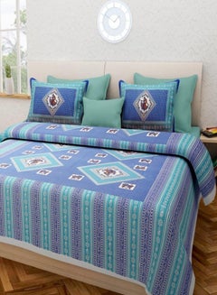 Buy Printed Flat Bedsheet Set Cotton Green/Blue/White in UAE