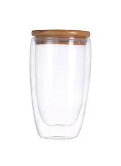 Buy Double Layer Wall Tea Cup With Bamboo Lid Clear in Saudi Arabia