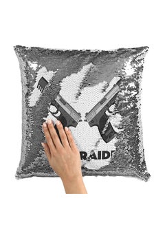 Buy Guns Of Tomb Raider Sequin Throw Pillow With Stuffing Grey/White 16x16inch in Saudi Arabia