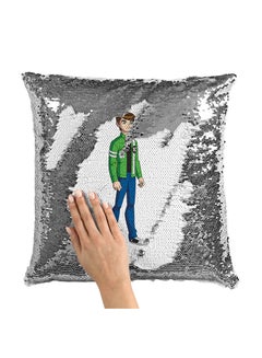 Buy Ben 10 Smart Sequin Throw Pillow With Stuffing Grey/White 16x16inch in Saudi Arabia