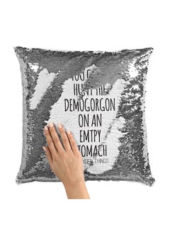 Buy Demogorgon Quote Sequin Throw Pillow With Stuffing Grey/White 16x16inch in Saudi Arabia