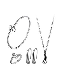 Buy 925 Sterling Silver Plated Water Drops Pendant Necklace Earrings Ring And Bracelet Set in UAE