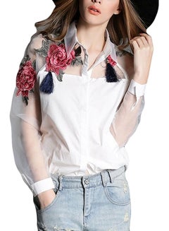 Buy Floral Button Down Organza Splicing Long Sleeve Shirt White in UAE