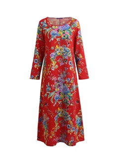 Buy Long Sleeve Floral Printed Robe Dress Red in UAE