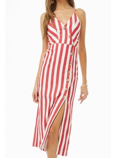 Buy Striped Button Front Midi Dress Red/White in UAE