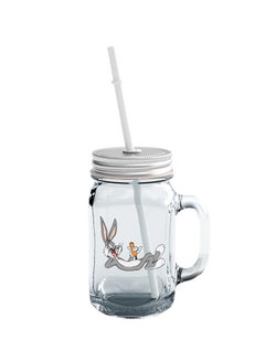 Buy Bugs Bunny Printed Mason Jar With Straw Clear/Grey/White 15ounce in UAE