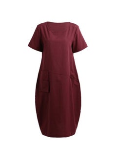 Buy Short Sleeves Vintage Summer Dress Burgundy in UAE